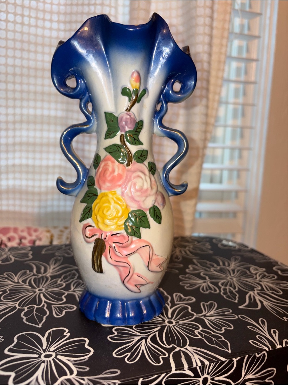 Hand-Painted Blue & White Floral Ceramic Vase with Ribbon Motif